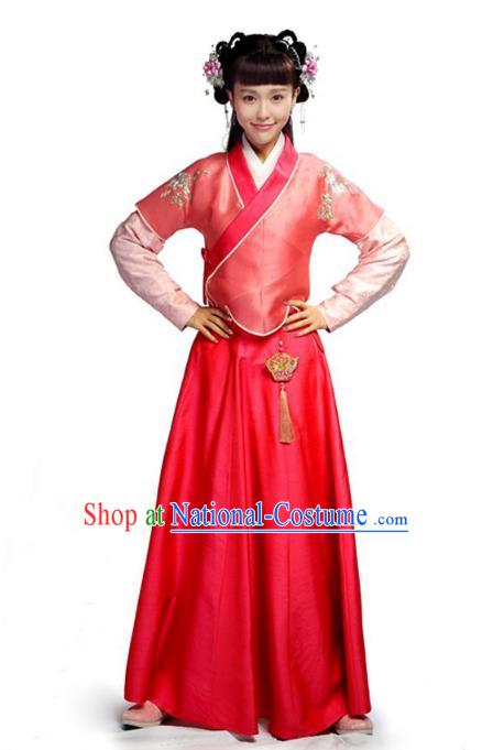 Traditional Chinese Ancient Nobility Lady Costume, Elegant Hanfu Clothing Chinese Ming Dynasty Young Lady Swordswoman Embroidery Red Dress Clothing