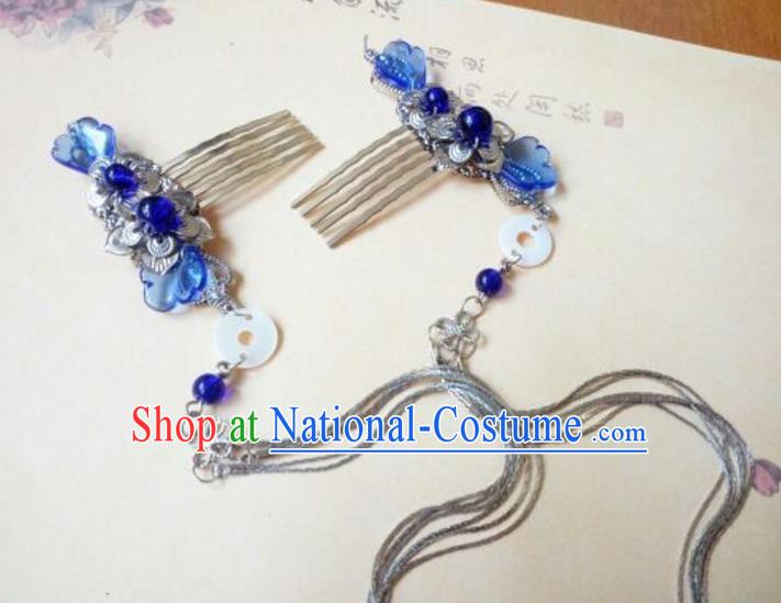 Traditional Chinese Ancient Classical Handmade Hair Accessories Barrettes Hairpin, Hanfu Blue Hair Comb Tassel Step Shake Hair Fascinators Hairpins for Women