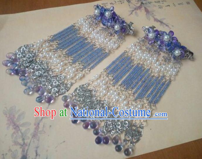 Traditional Chinese Ancient Classical Handmade Palace Lady Hairpin Hair Accessories, Hanfu Blue Tassel Hair Comb Hair Fascinators Hairpins for Women