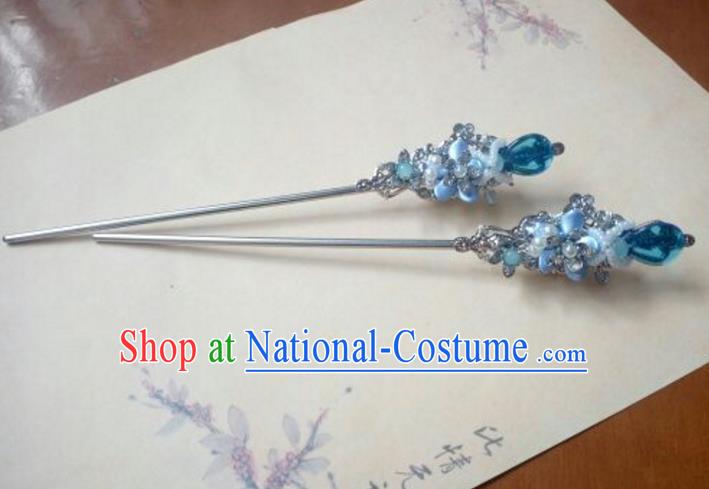 Traditional Chinese Ancient Classical Handmade Hair Accessories Barrettes Princess Blue Grass Hairpin, Hanfu Step Shake Hair Fascinators Hairpins for Women