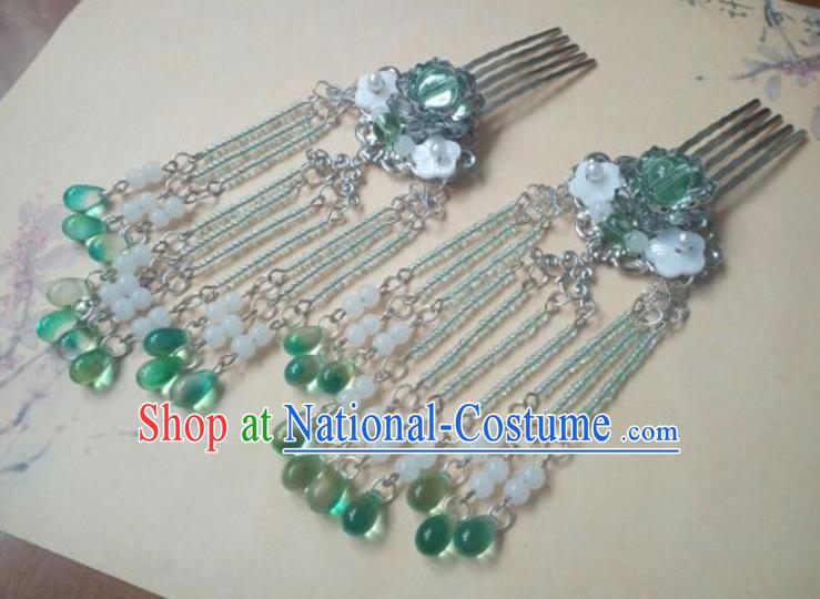 Traditional Chinese Ancient Classical Handmade Hair Accessories Barrettes Princess Green Shell Tassel Hairpin, Hanfu Hair Comb Step Shake Hair Fascinators Hairpins for Women