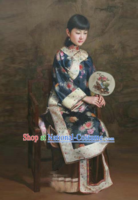 Traditional Ancient Chinese Republic of China Peeresses Costume Navy Xiuhe Suit, Elegant Hanfu Clothing Chinese Qing Dynasty Nobility Dowager Clothing for Women