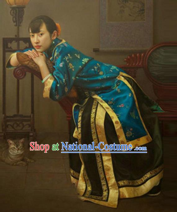 Traditional Ancient Chinese Republic of China Peeresses Costume Blue Xiuhe Suit, Elegant Hanfu Clothing Chinese Qing Dynasty Nobility Dowager Clothing for Women