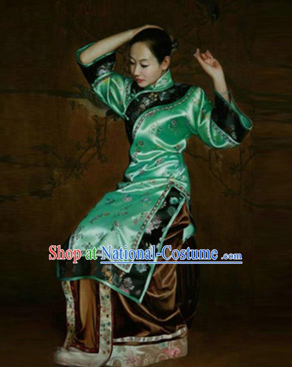 Traditional Ancient Chinese Republic of China Peeresses Costume Green Xiuhe Suit, Elegant Hanfu Clothing Chinese Qing Dynasty Nobility Dowager Clothing for Women