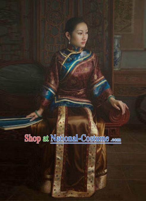 Traditional Ancient Chinese Republic of China Peeresses Costume Amaranth Xiuhe Suit, Elegant Hanfu Clothing Chinese Qing Dynasty Nobility Dowager Clothing for Women