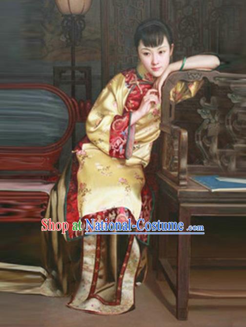 Traditional Ancient Chinese Republic of China Peeresses Costume Yellow Xiuhe Suit, Elegant Hanfu Clothing Chinese Qing Dynasty Nobility Dowager Clothing for Women