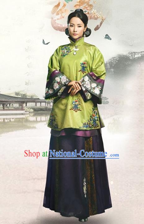 Traditional Ancient Chinese Republic of China Princess Costume Green Xiuhe Suit, Elegant Hanfu Clothing Chinese Qing Dynasty Nobility Dowager Clothing for Women