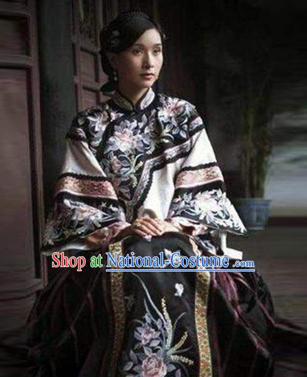 Traditional Ancient Chinese Republic of China Princess Costume Black Xiuhe Suit, Elegant Hanfu Clothing Chinese Qing Dynasty Nobility Dowager Clothing for Women