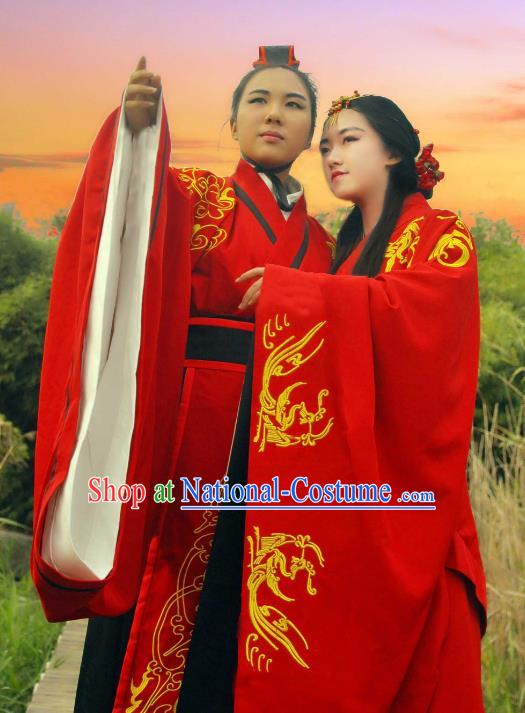 Traditional Ancient Chinese Imperial Emperor and Empress Wedding Costume, Elegant Hanfu Clothing Chinese Han Dynasty Bride and Bridegroom Embroidered Red Clothing