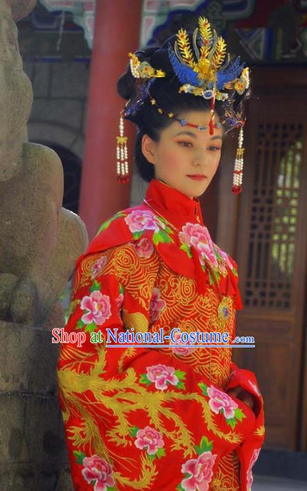 Traditional Ancient Chinese Imperial Empress Wedding Costume Complete Set, Elegant Hanfu Clothing Chinese Ming Dynasty Bride Embroidered Red Dress Clothing