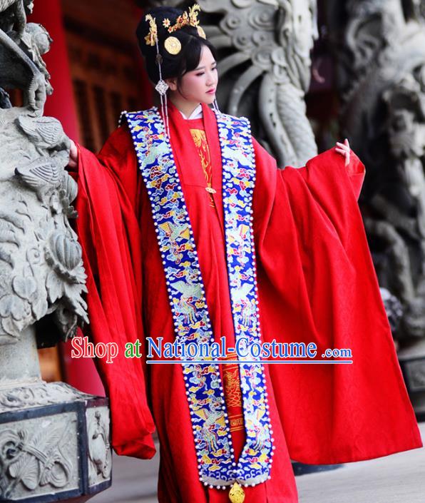 Traditional Ancient Chinese Imperial Empress Wedding Costume, Elegant Hanfu Clothing Chinese Ming Dynasty Queen Bride Embroidered Red Clothing