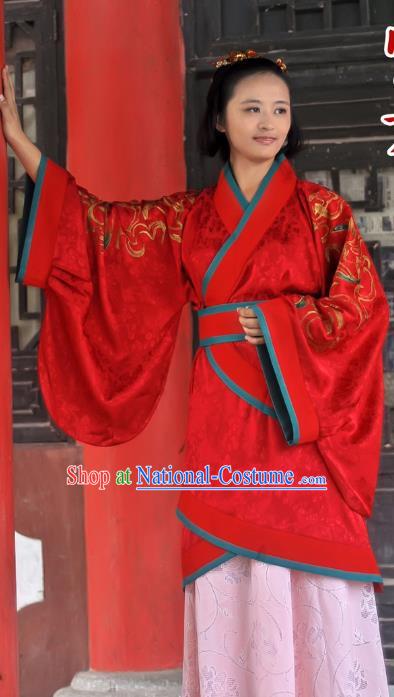 Traditional Ancient Chinese Imperial Princess Wedding Costume, Elegant Hanfu Clothing Chinese Han Dynasty Bride Embroidered Red Clothing