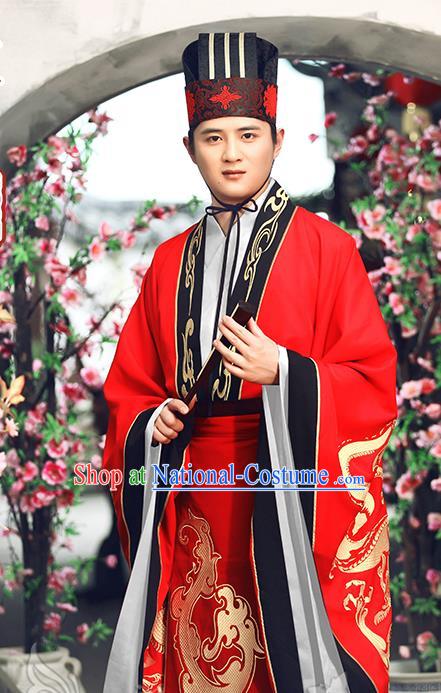 Traditional Ancient Chinese Imperial Emperor Wedding Costume, Elegant Hanfu Clothing Chinese Tang Dynasty Majesty Embroidered Red Clothing