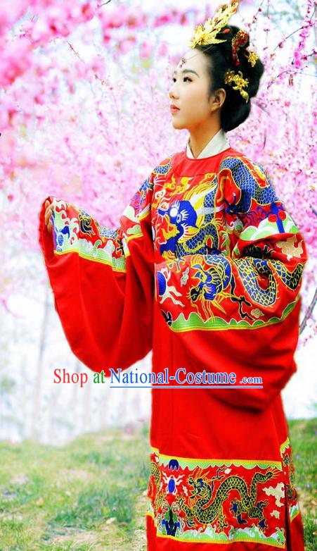 Traditional Ancient Chinese Imperial Empress Wedding Red Costume Complete Set, Elegant Hanfu Clothing Chinese Ming Dynasty Queen Bride Embroidered Clothing