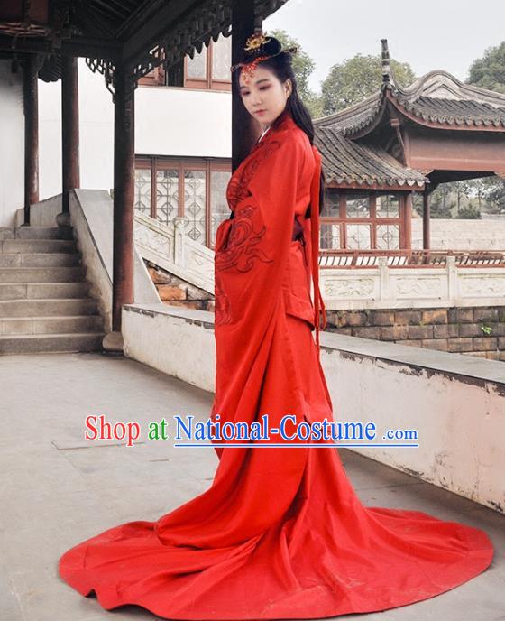 Traditional Ancient Chinese Imperial Empress Wedding Red Costume Complete Set, Elegant Hanfu Chinese Han Dynasty Princess Embroidered Clothing