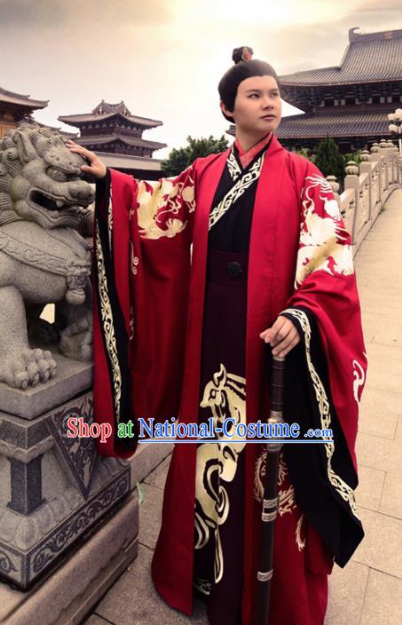 Traditional Chinese Zhou Dynasty Lang Scholar Costume Wedding Red Robe, Elegant Hanfu Chinese Emperor Embroidered Clothing for Men