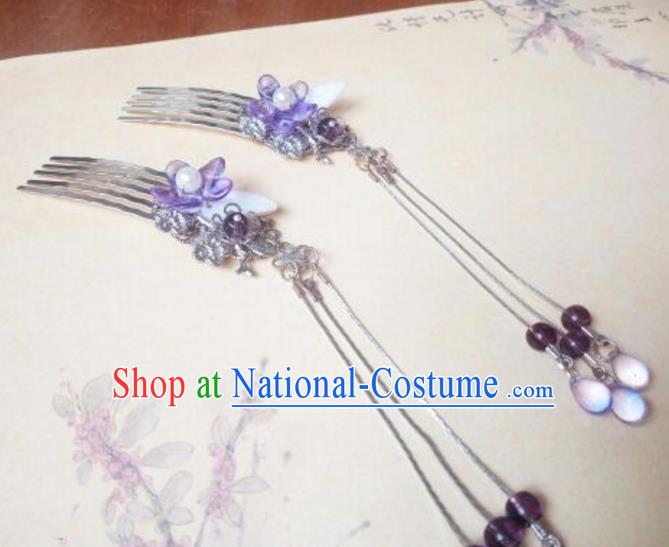 Traditional Chinese Ancient Classical Handmade Palace Princess Purple Flower Hair Accessories, Hanfu Tassel Hair Stick Hair Fascinators Hairpins for Women