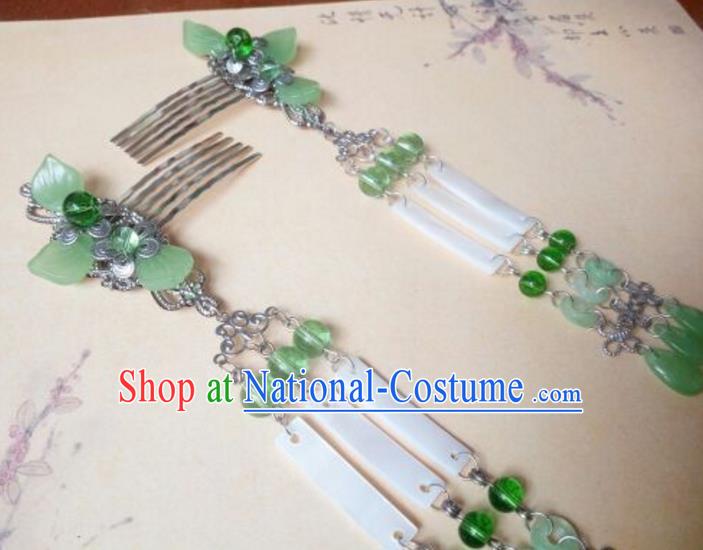 Traditional Chinese Ancient Classical Handmade Palace Princess Green Jade Hair Comb Hair Accessories, Hanfu Tassel Hair Stick Hair Fascinators Hairpins for Women