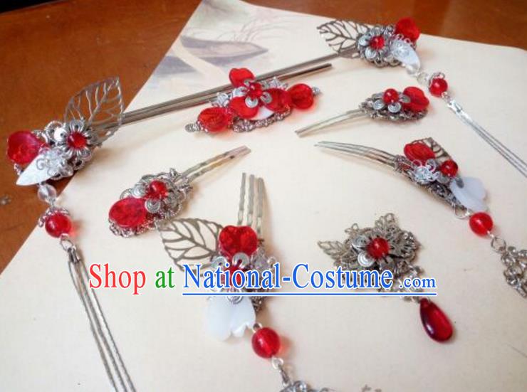 Traditional Chinese Ancient Classical Handmade Palace Princess Red Bead Hair Comb Hair Accessories Complete Set, Hanfu Tassel Hair Stick Hair Fascinators Hairpins for Women