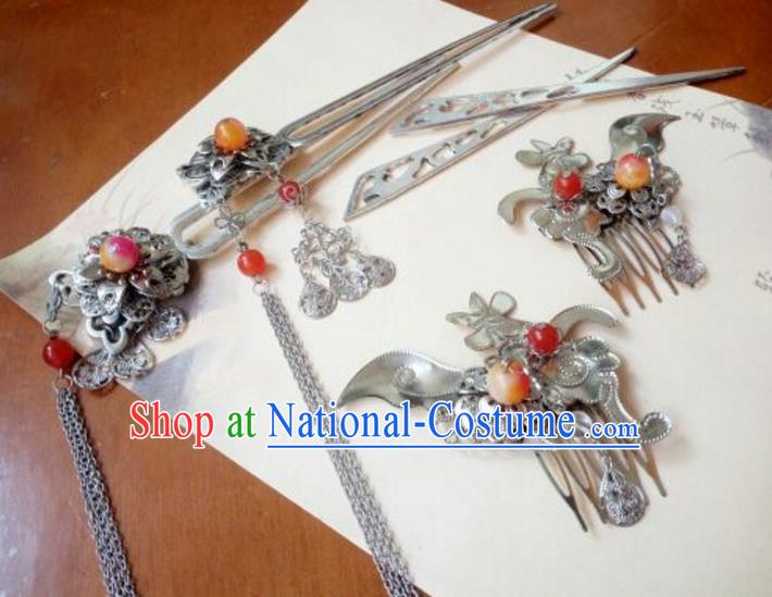 Traditional Chinese Ancient Classical Handmade Palace Princess Hair Comb Hair Accessories Complete Set, Hanfu Tassel Hair Stick Hair Fascinators Hairpins for Women