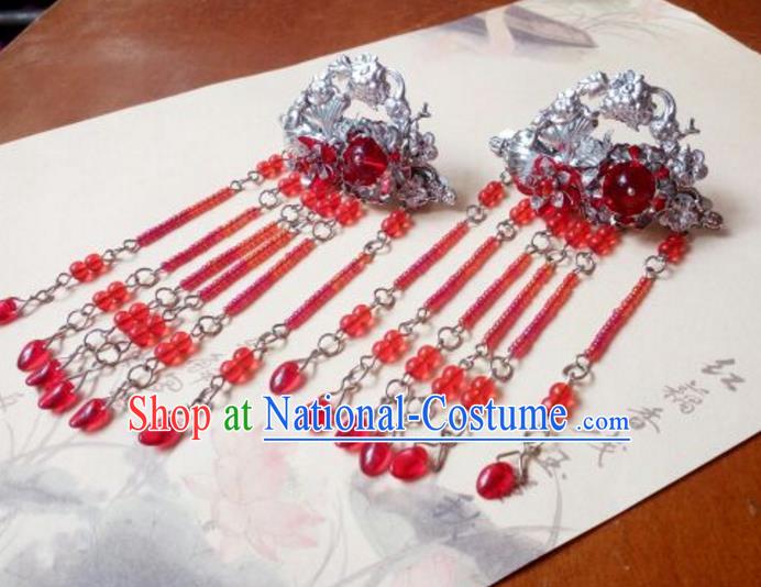 Traditional Chinese Ancient Classical Handmade Palace Princess Hair Claw Hair Accessories, Hanfu Red Bead Tassel Step Shake Hair Stick Hair Fascinators Hairpins for Women