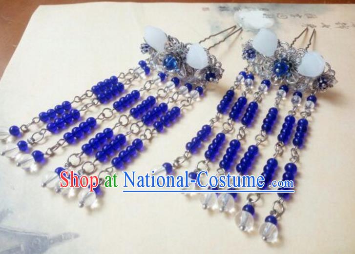 Traditional Chinese Ancient Classical Handmade Palace Princess Hair Claw Hair Accessories, Hanfu Blue Bead Tassel Step Shake Hair Stick Hair Fascinators Hairpins for Women