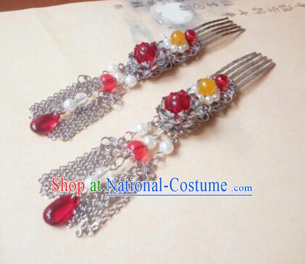 Traditional Chinese Ancient Classical Handmade Palace Princess Red Bead Hair Comb Hair Accessories, Hanfu Hair Stick Hair Fascinators Hairpins for Women