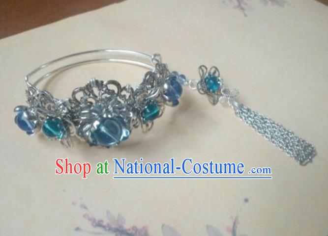 Traditional Handmade Chinese Ancient Classical Palace Lady Accessories Hanfu Bracelet Blue Beads Bangle for Women