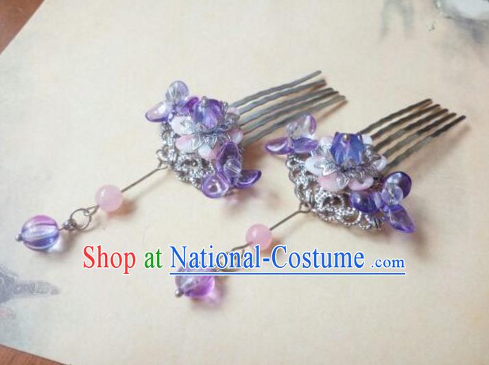 Traditional Handmade Chinese Ancient Classical Hanfu Hair Accessories Step Shake, Princess Purple Hairpins Hair Comb Headwear for Women