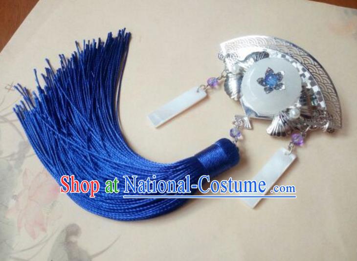 Traditional Handmade Chinese Ancient Classical Hanfu Hair Accessories Fan Jade Hair Claw, Princess Palace Lady Blue Tassel Step Shake Hairpins Headwear for Women