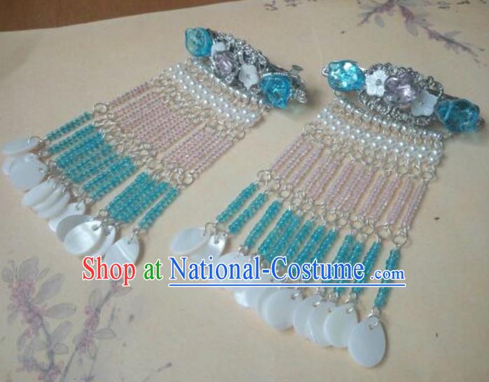 Traditional Handmade Chinese Ancient Classical Palace Lady Hair Accessories Hairpins Blue Beads Tassel Hair Claw for Women