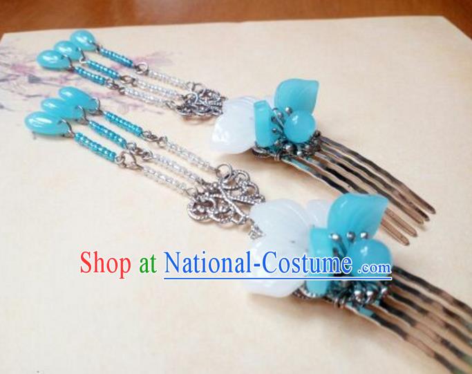 Traditional Handmade Chinese Ancient Classical Hair Accessories Blue Tassel Hairpin Headwear Hair Stick for Women