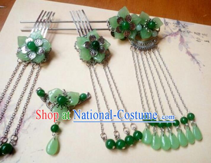 Traditional Handmade Chinese Ancient Classical Hair Accessories Green Jade Tassel Hairpin Complete Set Headwear Hair Stick for Women