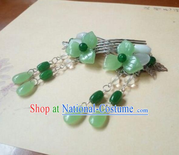 Traditional Handmade Chinese Ancient Classical Hair Accessories Green Jade Tassel Hairpin Headwear Hair Comb for Women