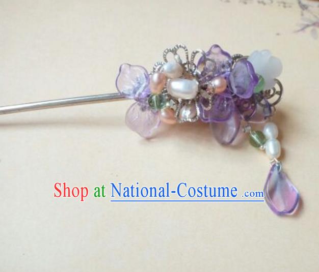 Traditional Handmade Chinese Ancient Classical Hair Accessories Coloured Glaze Hairpin Headwear Palace Lady Purple Hair Stick for Women