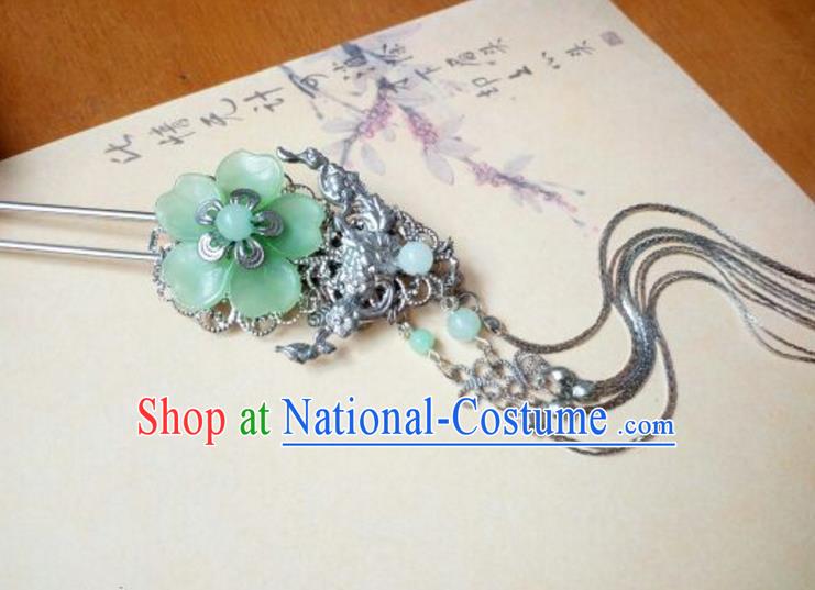 Traditional Handmade Chinese Ancient Classical Hair Accessories Hairpins Green Flower Tassel Step Shake for Women