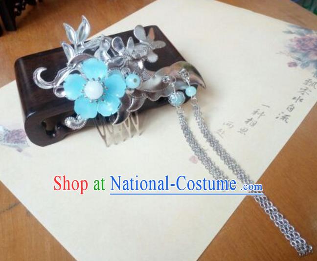 Traditional Handmade Chinese Ancient Classical Hair Accessories Hairpins Blue Flower Tassel Hair Comb for Women