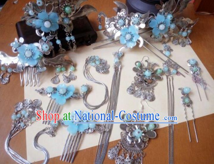 Traditional Handmade Chinese Ancient Classical Hair Accessories Hairpins Complete Set Blue Flower Tassel Hair Comb for Women