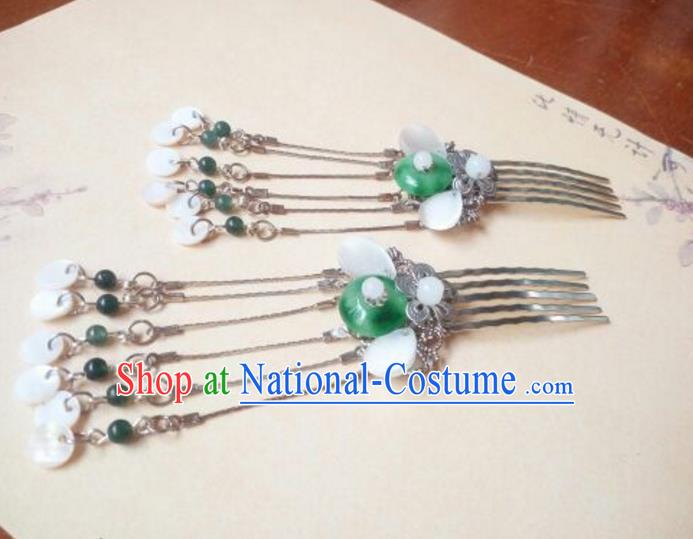 Traditional Handmade Chinese Ancient Classical Hair Accessories Hairpins Tassel Green Jade Hair Comb for Women