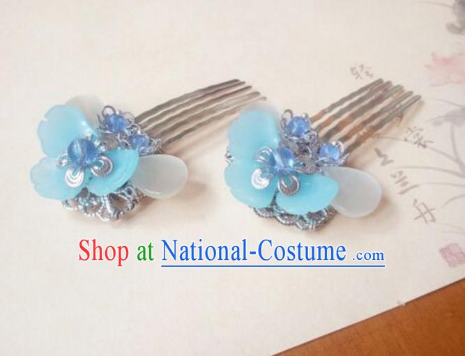 Traditional Handmade Chinese Ancient Classical Hair Accessories Hairpins Blue Hair Comb Headwear for Women