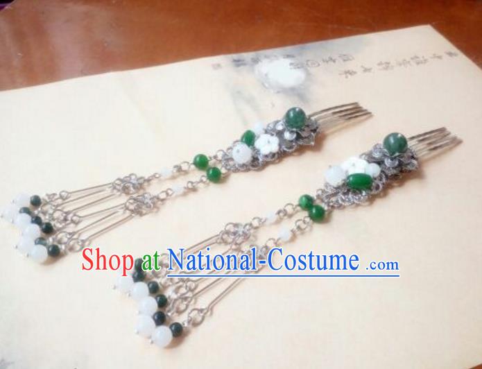 Traditional Handmade Chinese Ancient Classical Hair Accessories Green Bead Tassel Hair Comb Headwear for Women