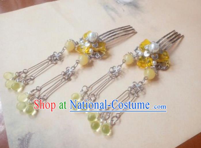 Traditional Handmade Chinese Ancient Classical Hair Accessories Yellow Bead Tassel Hair Comb Headwear for Women