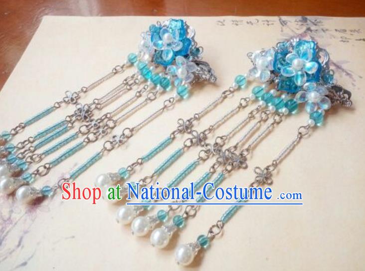 Traditional Handmade Chinese Ancient Classical Hair Accessories Blue Coloured Glaze Tassel Hair Stick Headwear for Women