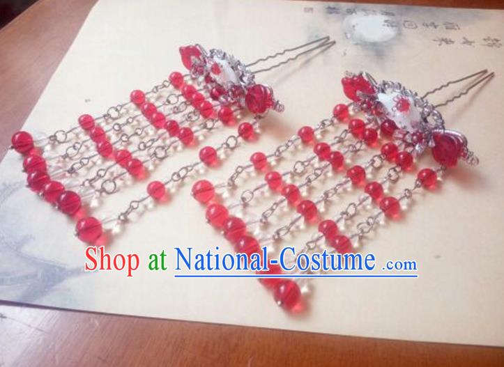 Traditional Handmade Chinese Ancient Classical Hair Accessories Red Beads Tassel Hairpins Headwear for Women