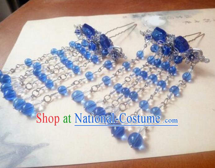 Traditional Handmade Chinese Ancient Classical Hair Accessories Blue Beads Tassel Hairpins Step Shake Headwear for Women