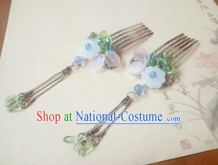 Traditional Handmade Chinese Ancient Classical Hair Accessories Green Coloured Glaze Tassel Hair Comb for Women