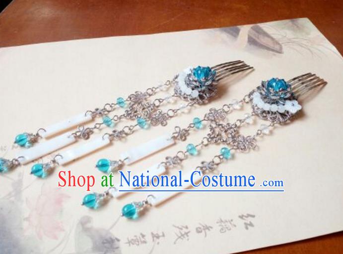 Traditional Handmade Chinese Ancient Classical Hanfu Shell Hair Accessories, Princess Blue Tassel Hairpins Hair Comb Headwear for Women