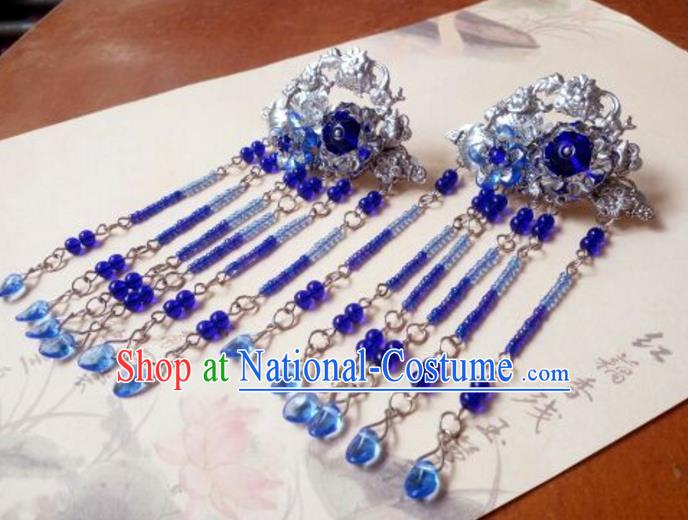 Traditional Handmade Chinese Ancient Classical Hanfu Hair Accessories, Princess Royalblue Tassel Hairpins Hair Claw Headwear for Women