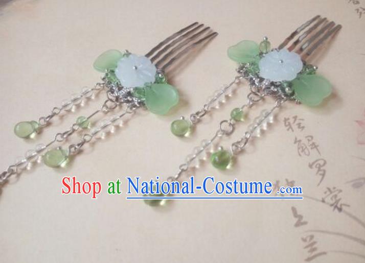 Traditional Handmade Chinese Ancient Classical Hair Accessories Green Jade Tassel Hair Comb for Women