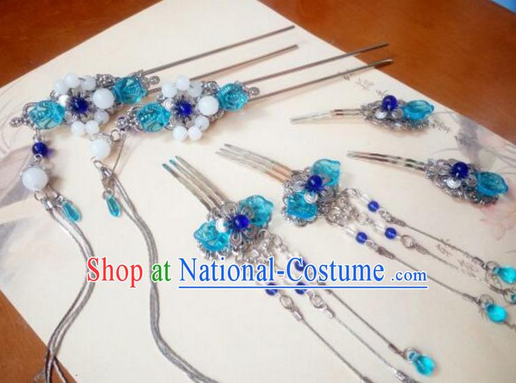 Traditional Handmade Chinese Ancient Classical Hair Accessories Hairpins Blue Coloured Glaze Hair Comb Headwear Complete Set for Women